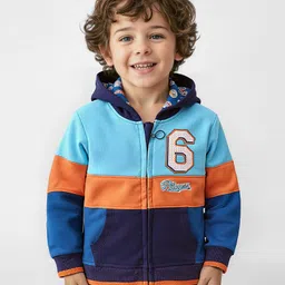 Babyhug Cotton Knit Full Sleeves Front Open Hooded Sweatjacket with Cut & Sew Design & Patch Detailing - Navy Blue-picture-17