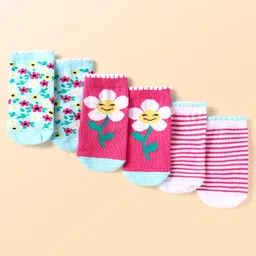 Cute Walk By Babyhug Cotton Knit Anti-Bacterial Ankle Length Socks With Stripes & Floral Design Pack Of 3 - Pink & Light Blue-image-88