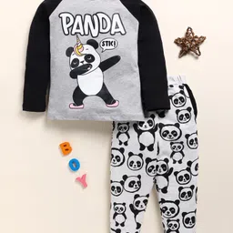 Little Marine Cotton Kint Full Sleeves Panda Printed Night Suit - Grey & Black-picture-11