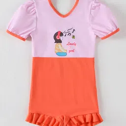 Mark & Mia Half Sleeves V Cut Swimsuit With Girl Print - Peach-picture-14