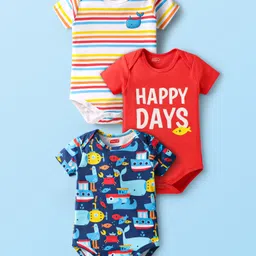 Babyhug 100% Cotton Knit Half Sleeves Onesies With Text Graphics Pack Of 3 - Blue Red & White-picture-24
