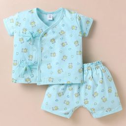 ToffyHouse Single Jersey Knit Half Sleeves Shorts Night Suit With Teddy Bear Print - Aqua Blue-image-18