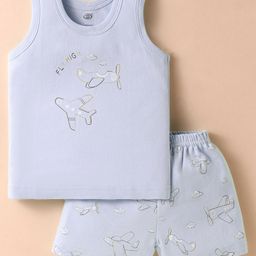 Zero Interlock Knit Sleeveless Shorts Nightsuit with Airplane Print - Light Blue-picture-8