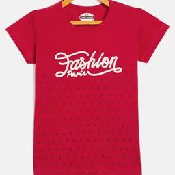 Fort Divine Cotton Lycra Knit Half Sleeves Polka Dots & Fashion Paris text Printed Tee - Red-picture-26