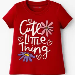 kookie kids india Kookie Kids Single Jersey Knit Half Sleeves T-Shirt with Flower & Cute Little Thing Text Print - Red-picture-17