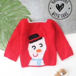Woonie Hand Knitted Christmas Theme Full Sleeves Snowman Designed Sweater - Red-image-5