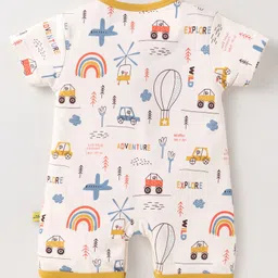 Mini Taurus Cotton Knit Half Sleeves Romper With Car Print - Cream & Mustard image 2