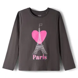 Primo Gino Cotton Knit Full Sleeves Night Suit With Eiffel Tower Print - Charcoal Grey & Pink image 2