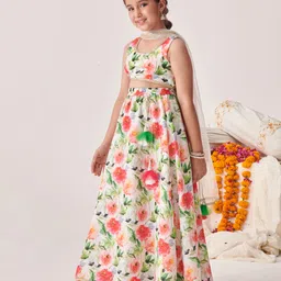 Pspeaches Silk Blend Sleeveless Floral Printed Lehenga Choli With Dupatta - Multi image 4