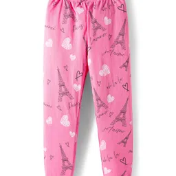 Primo Gino Cotton Knit Full Sleeves Night Suit With Eiffel Tower Print - Charcoal Grey & Pink image 4