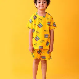Anthrilo 100% Organic Cotton Knit Half Sleeves Pop It Printed Tee & Coordinating Shorts Set - Yellow image 5