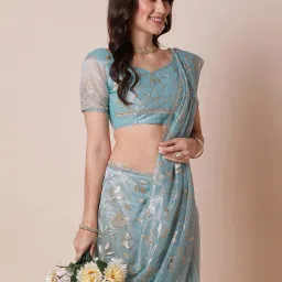 Saree Mall Light Blue Net Embellished Saree with Blouse Piece image 5