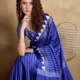 Saree Mall Navy Blue Satin Self Saree with Blouse Piece image 5