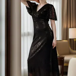ATRAENTA Sequined Embellished Net Wrap Midi Dress-picture-41
