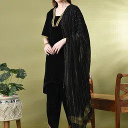 KALINI Women Regular Velvet Kurta with Dhoti Pants & With Dupatta image 2