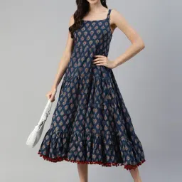 Divena Navy & Brown Cotton Printed A-Line Dress image 4
