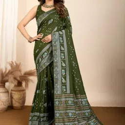 Satrani Green Silk Woven Saree With Unstitched Blouse-image-28