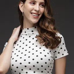 VANGULL Women Polka Dot Print High Neck Crop Top-image-6