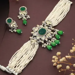 Saraf RS Jewellery  White & Green Studded Pearl Beaded Multistrand Handcrafted Choker Jewellery Set-picture-10