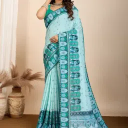 Satrani Blue Cotton Embroidered Saree With Unstitched Blouse-image-60