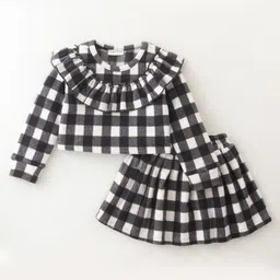 Crayonflakes Polar Fleece Full Sleeves Buffalo Checked & Frill Neckline Detailed Top With Coordinating Skirt - Black-picture-20