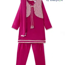 Babyoye WovenFull Sleeves Solid Kurti Salwar & Dupatta Set with Striped Jacket -Dark Pink-picture-11