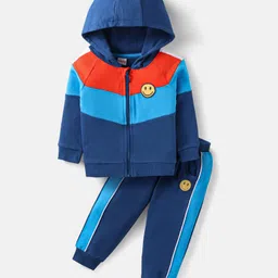 Babyhug Terry Knit Full Raglan Sleeves Hooded Sweatjacket & Joggers Set with Cut & Sew Design - Blue & Red-picture-16