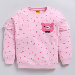 Kidcity Cotton Looper Full Sleeves Cat Patch Embroidered Sweatshirt - Pink-image-92
