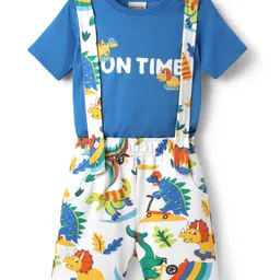 Babyhug Single Jersey Knit Half Sleeves T-Shirt & Shorts Set with Dino Print & Suspender - Blue & White image 1