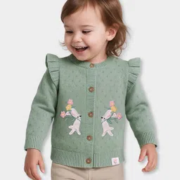 Mi Arcus Knit Full Sleeves Bunny & Floral Embroidered Frill Detailed Cardigan - Light Green-picture-16