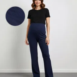 Bella Mama Full Length High Coverage Maternity Rib Knit Solid Coloured Pant - Navy Blue-picture-12