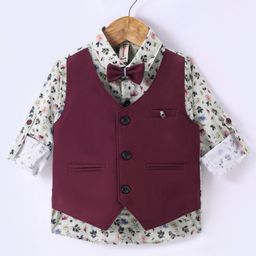Dapper Dudes Full Sleeves Floral Printed Shirt With Attached Waistcoat & Bow Set - Wine-picture-25