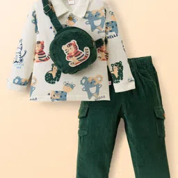 WOW Clothes Cotton Knit Full Sleeves Text Printed T-Shirt & Corduroy Trouser Set with Sling Bag - Dark Green & White-picture-24