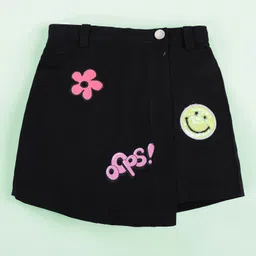 Kiddopanti Cotton Woven Oops Printed Badge Detailed Skort - Black image 1