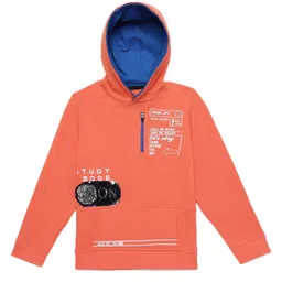 Under Fourteen Only Full Sleeves Typography Printed Sequins Embellished Hooded Light Winter Sweatshirt - Orange-picture-42