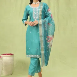 Vastravatika Women Ethnic Motifs Embroidered Regular Thread Work Chanderi Cotton Kurta with Trousers & With-picture-14