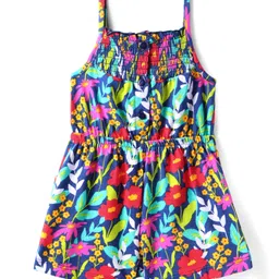 Babyhug Cotton Knit Singlet Sleeves Jumpsuit With Floral Print - Navy Blue image 2