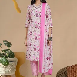 Indo Era Women Floral Printed Regular Thread Work Pure Cotton Kurta with Trousers & With Dupatta-picture-38