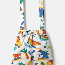 Babyhug Single Jersey Knit Half Sleeves T-Shirt & Shorts Set with Dino Print & Suspender - Blue & White image 5