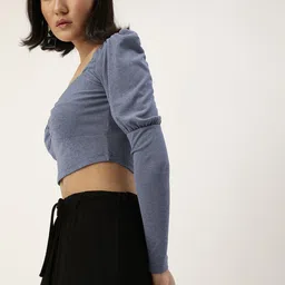 Veni Vidi Vici Grey Melange Sweetheart Neck Puff Sleeves Fitted Crop Top image 2