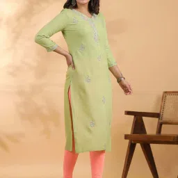 READIPRINT FASHIONS Green Embroidered Straight Kurta image 5