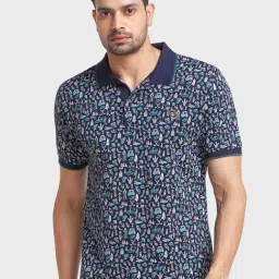 ColorPlus Blue Cotton Tailored Fit Printed Polo T-Shirt-picture-31