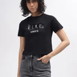 Elle Black Cotton Embellished Crop T-Shirt image 1