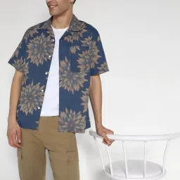 american eagle outfitters American Eagle Navy Cotton Regular Fit Floral Print Shirt image 5