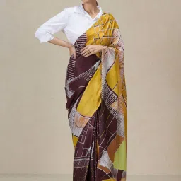 navyasa by liva Maroon & Yellow Printed Saree With Unstitched Blouse image 5