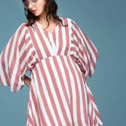 SHOWOFFFF Mauve & White Striped Fit & Flare Dress-picture-26