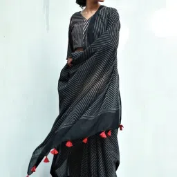 Chidiyaa Black Fly Me to Moon Nightingale Handblockprinted Cotton Saree image 5