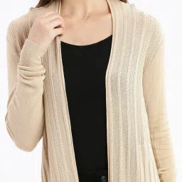 showoffff SHOWOFF Beige Self Design Long Shrug image 5
