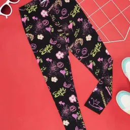 Pantaloons Junior Kids Black & Pink Cotton Printed Leggings-image-70