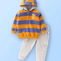 Babyhug Cotton Knit Full Sleeves Striped Hoodie & Lounge Pant Set - Blue Orange & White-picture-16